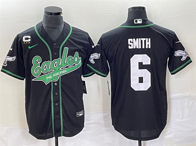 Men's Philadelphia Eagles #6 DeVonta Smith Black With C Patch Cool Base Stitched Baseball Jersey